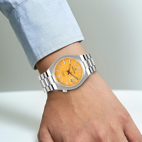 Tristar NJ Series Men's Automatic Watch Yellow Index Dial Stainless Steel Bracelet Wrist Watch for Men