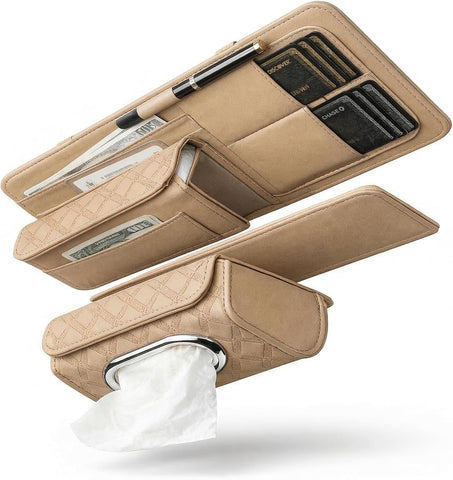 Car Sun Visor Organizer with Tissue Holder – PU Leather Visor Storage Organizer with Card Slots, Pen Holder & Document Pocket