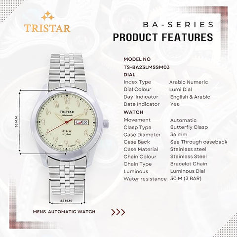 Tristar BA Series Men's Automatic Watch Arabic Numeral Dial Bracelet Wrist Watch for Men (Copy)