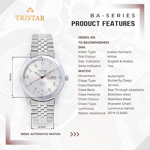 Tristar BA Series Men's Automatic Watch Arabic Numeral Dial Bracelet Wrist Watch for Men (Copy) (Copy) (Copy)