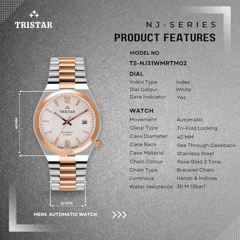 Tristar NJ Series Men's Automatic Watch White Index Dial 2 Tone Rose Bracelet Wrist Watch for Men