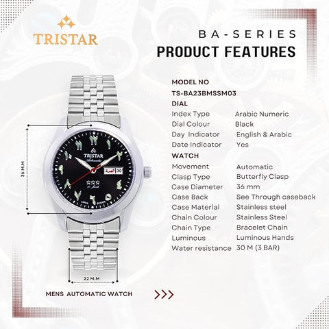 Tristar BA Series Men's Automatic Watch Arabic Numeral Dial Bracelet Wrist Watch for Men