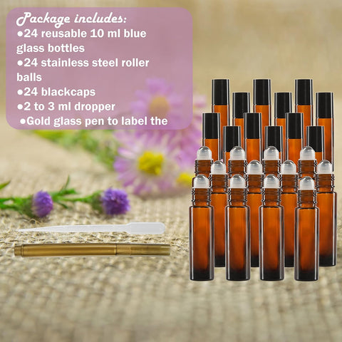 Willow Set of 24, 10ml / 5ml Amber Glass Bottles with Stainless Steel Roller Balls