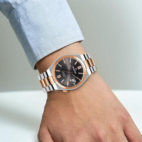 Tristar NJ Series Men's Automatic Watch Black Index Dial Rose Gold 2 Tone Bracelet Wrist Watch for Men