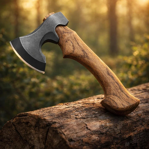 Compact Hand Axe with Wooden Handle – Camping Hatchet Chopping Axe with Leather Sheath for Wood Splitting, Survival Tactical Axe, Outdoor Bushcraft (Compact Axe)