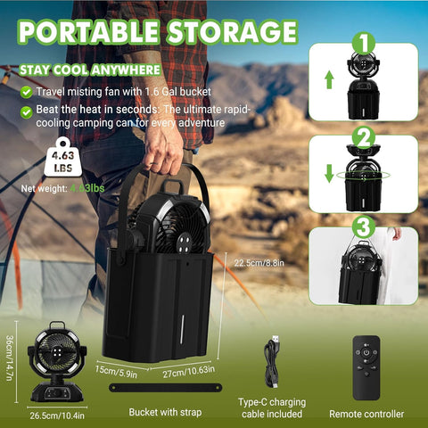Portable Misting Fan for Outdoor Patio, 20000mAh Rechargeable Battery Operated Camping Fan with 6L Bucket,