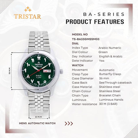 Tristar BA Series Men's Automatic Watch Arabic Numeral Dial Bracelet Wrist Watch for Men