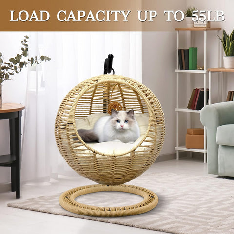 Wicker Cat Bed Indoors & Outdoors, Hand Made Cat Swing Bed with Removable Cushion