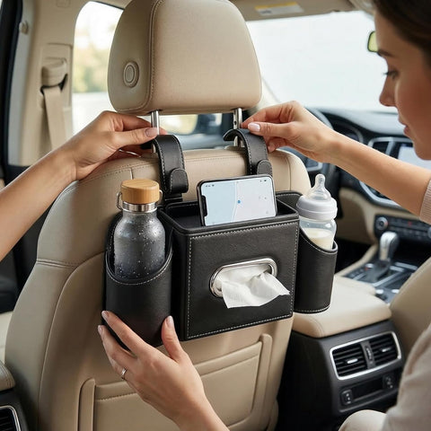 Car Back Seat Organizer with Cup Holders & Tissue Box