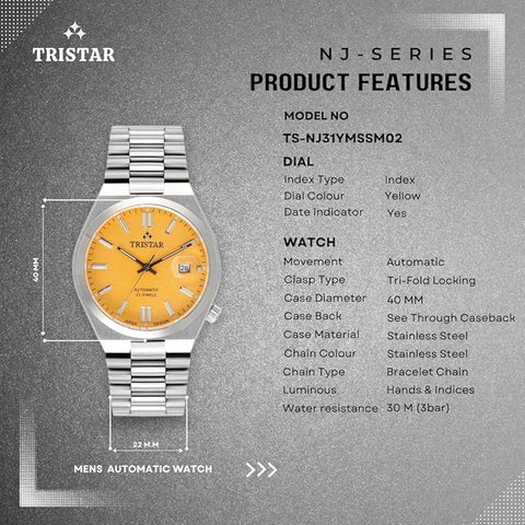 Tristar NJ Series Men's Automatic Watch Yellow Index Dial Stainless Steel Bracelet Wrist Watch for Men