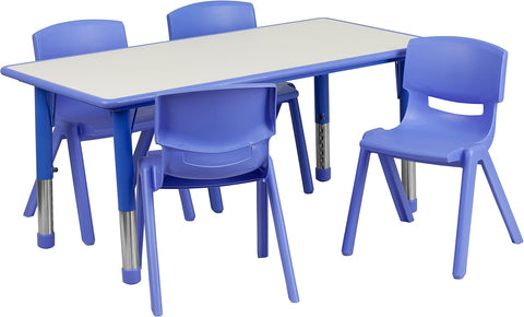 Rectangular Blue Plastic Height Adjustable Activity Table Set with 4 Chairs for Kids Ages 2-6