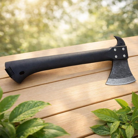 Compact Hand Axe with Wooden Handle – Camping Hatchet Chopping Axe with Leather Sheath for Wood Splitting, Survival Tactical Axe, Outdoor Bushcraft (ForgeMaster Axe)