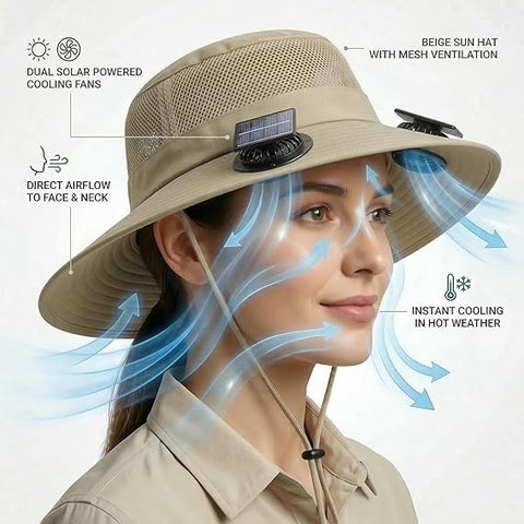 Wide Brim Outdoor Fishing Hat 2 Solar Powered Fans & USB Charging