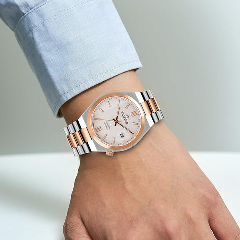 Tristar NJ Series Men's Automatic Watch White Index Dial 2 Tone Rose Bracelet Wrist Watch for Men