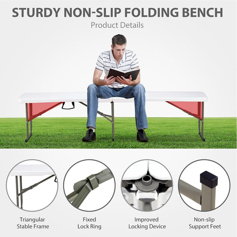 Olmecs 6ft Plastic Folding Bench with Carrying Handle & Lock, Portable Outdoor Bench (2Pc Pack)