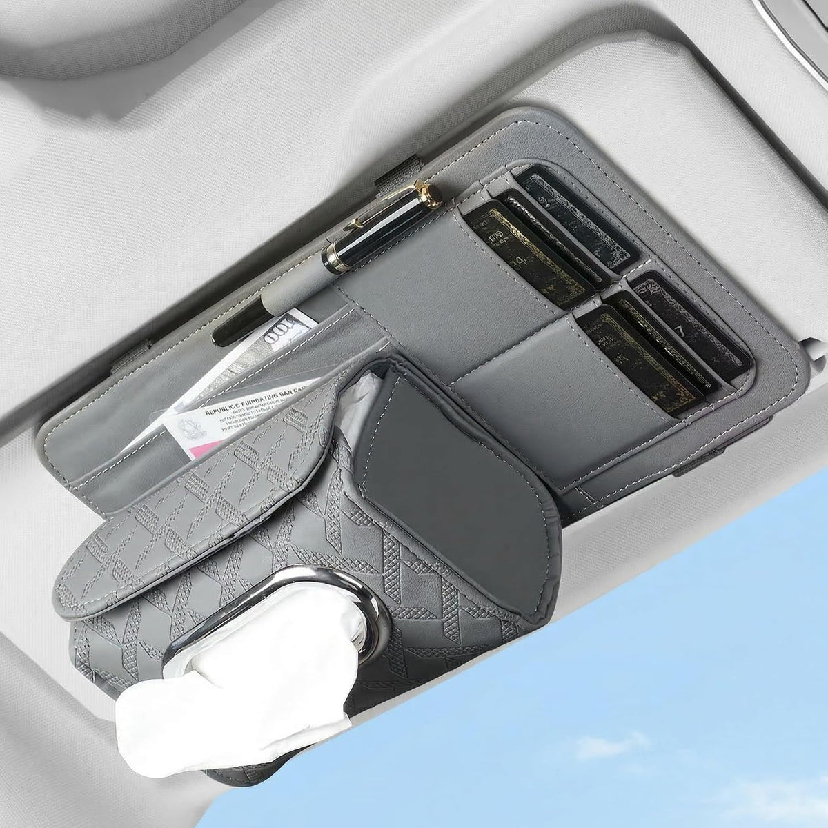 Car Sun Visor Organizer with Tissue Holder – PU Leather Visor Storage Organizer with Card Slots, Pen Holder & Document Pocket
