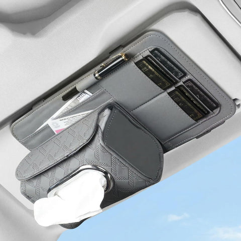 Car Sun Visor Organizer with Tissue Holder – PU Leather Visor Storage Organizer with Card Slots, Pen Holder & Document Pocket