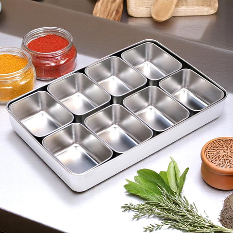 Olmecs Stainless Steel Seasoning Box with Lid and Holder Tray