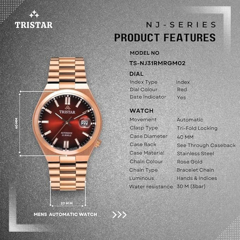 Tristar NJ Series Men's Automatic Watch Scarlet Red Index Dial Rose Gold Bracelet Wrist Watch for Men