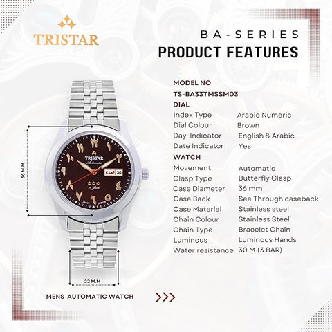 Tristar BA Series Men's Automatic Watch Arabic Numeral Dial Bracelet Wrist Watch for Men