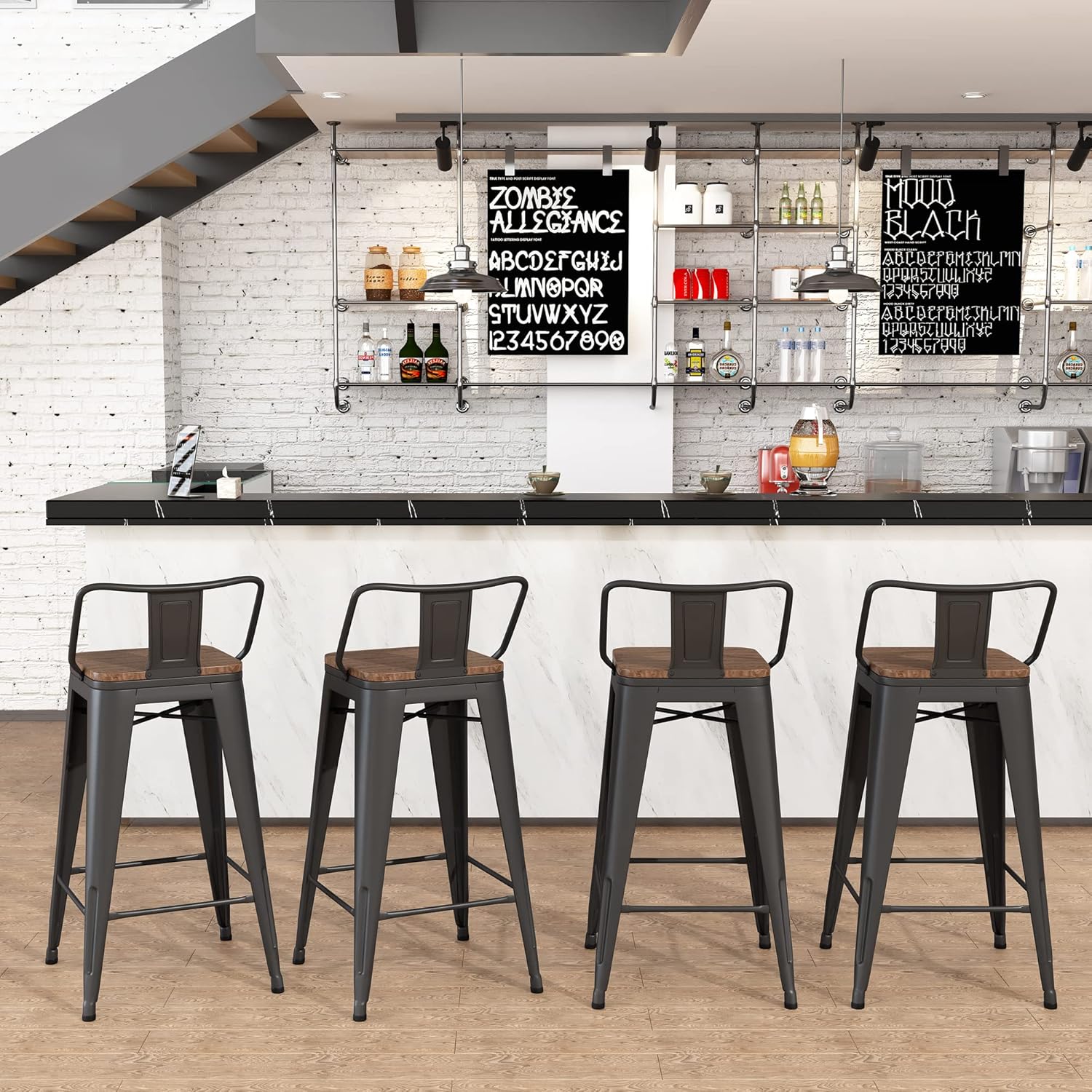 Olmecs Metal Bar Chair With Back Support High, Black Walnut Wood High Chair