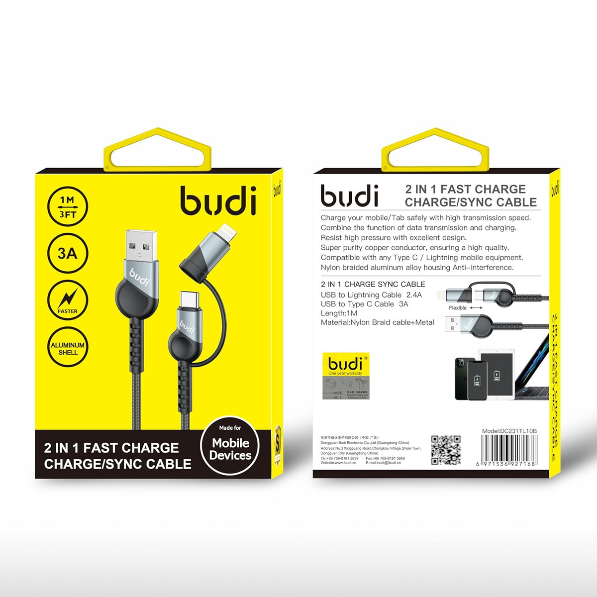 Budi - 2 in 1 Charge/Sync Cable USB-A to USB-C/Lightning - DC231TL10B