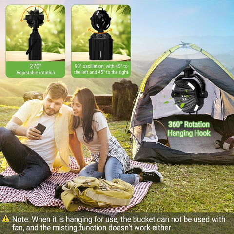 Portable Misting Fan for Outdoor Patio, 20000mAh Rechargeable Battery Operated Camping Fan with 6L Bucket,