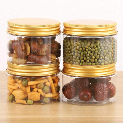WILLOW Small Plastic Storage Jars with Lids, Clear Container Jars with Gold Screw Caps for Dry Food, Snacks (12Pc Pack)