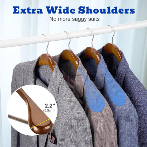 Willow 12 Pack, Wide Shoulder Wooden Hangers  Wood Suit Hangers for Men with Non Slip Pants Bar