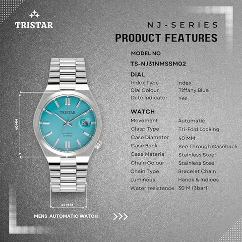 Tristar NJ Series Men's Automatic Watch Tiffany Index Dial Stainless Steel Bracelet Wrist Watch for Men