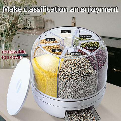 Kitchen Organizer For Grains & Cereals, 6- Grid Round Food Dispenser 360° Rotating Cereal Dispenser, Transparent Dry Food Containers