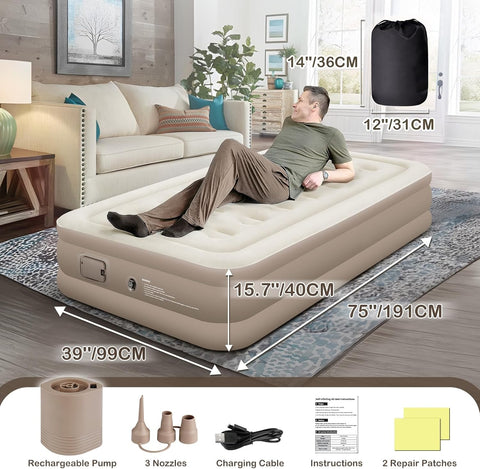 Single Airbed, NO Socket Needed-JUST One-click, Single Mattress, Air Bed with Built in Pump, Self Inflating Mattress