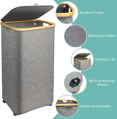 Foldable Laundry Hamper with Lid – Bamboo Frame & Fabric Liner - Large / Medium