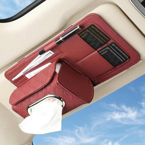 Car Sun Visor Organizer with Tissue Holder – PU Leather Visor Storage Organizer with Card Slots, Pen Holder & Document Pocket