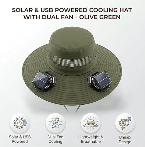 Wide Brim Outdoor Fishing Hat 2 Solar Powered Fans & USB Charging