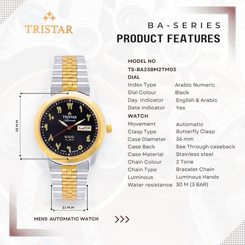 Tristar BA Series Men's Automatic Watch Arabic Numeral Dial Bracelet Wrist Watch for Men