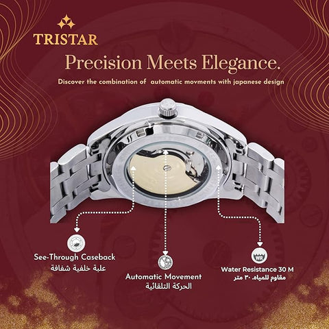 Tristar BA Series Men's Automatic Watch Arabic Numeral Dial Bracelet Wrist Watch for Men