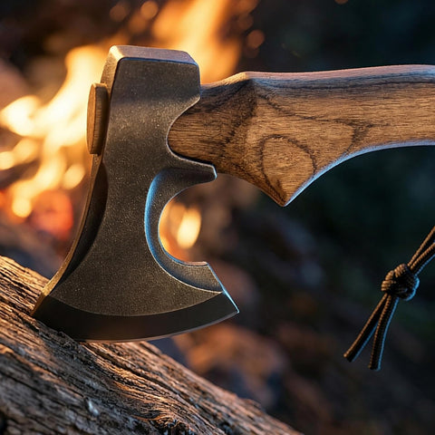 Compact Hand Axe with Wooden Handle – Camping Hatchet Chopping Axe with Leather Sheath for Wood Splitting, Survival Tactical Axe, Outdoor Bushcraft (Compact Axe)