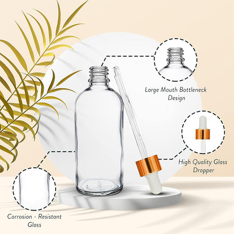 Willow 30/ 50/ 100 ml Clear Round Empty Glass Bottle + Glass Dropper + Gold Ring + White Silicone Teat (12pc Pack)