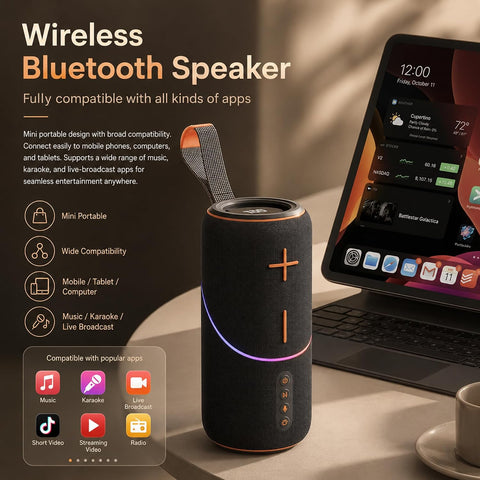 Portable Bluetooth Speaker with RGB LED Lights, Deep Bass Wireless Speaker