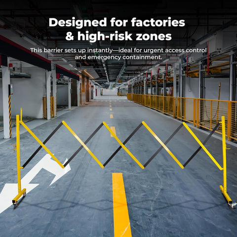 Olmecs Expandable Metal Barrier 2.5Meter – Yellow Steel Folding Security Barrier with Lockable Wheels – Portable Fence for Traffic Control,