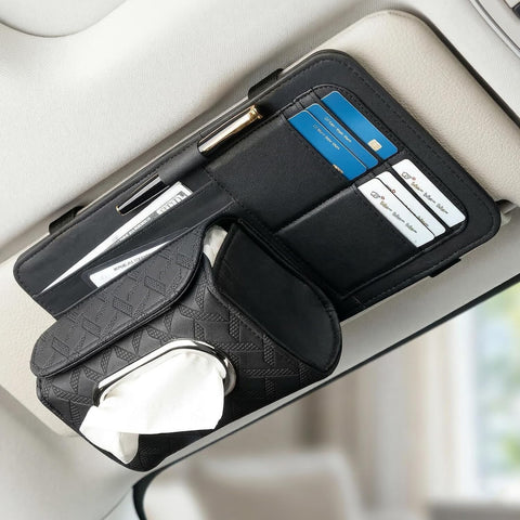 Car Sun Visor Organizer with Tissue Holder – PU Leather Visor Storage Organizer with Card Slots, Pen Holder & Document Pocket
