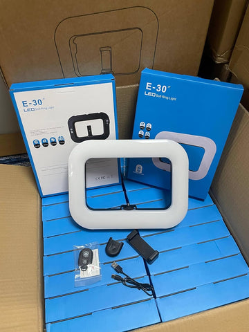 E-30 LED Ring Light for Photography, Soft Light, Built-in Phone Holder, Remote Control, White