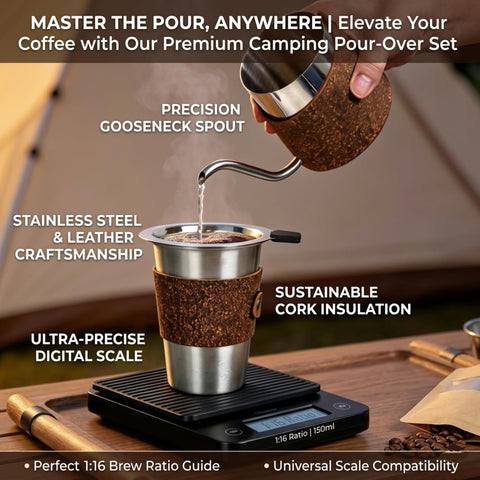 Portable Coffee Kit Coffee Serving Sets-Travel Coffe-e Kit with Grinder-Server-Kettle-Filter-Scale & Steel Drip Funnle, Set-All in Gift Bag (7-IN-1)