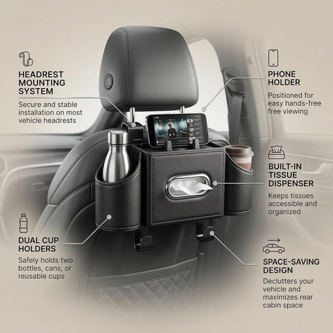 Car Back Seat Organizer with Cup Holders & Tissue Box