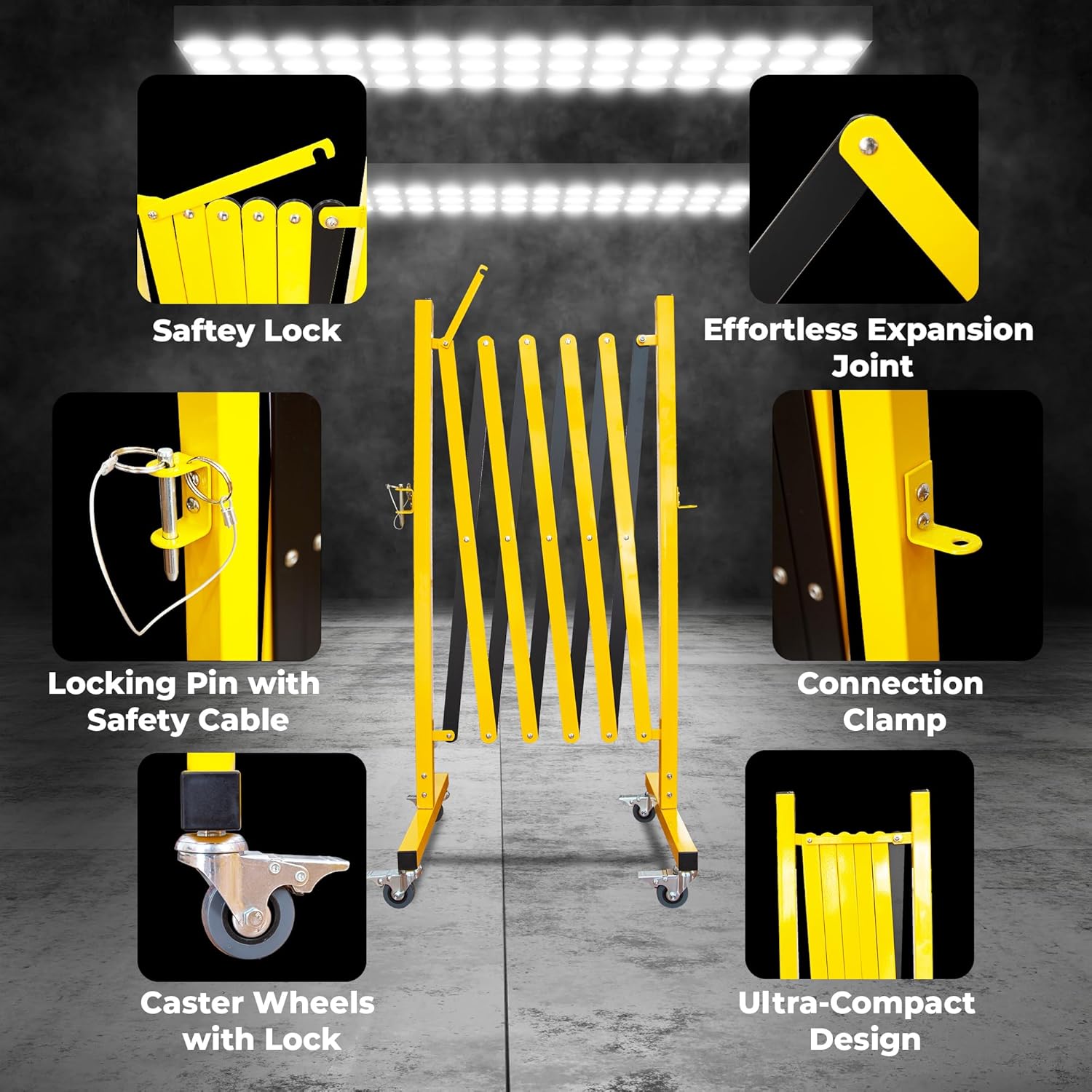Olmecs Expandable Metal Barrier 2.5Meter – Yellow Steel Folding Security Barrier with Lockable Wheels – Portable Fence for Traffic Control,