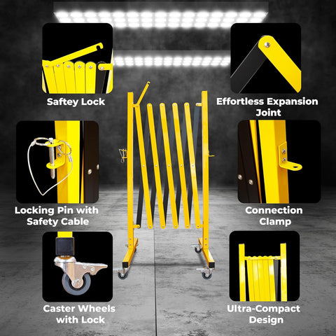 Olmecs Expandable Metal Barrier 2.5Meter – Yellow Steel Folding Security Barrier with Lockable Wheels – Portable Fence for Traffic Control,