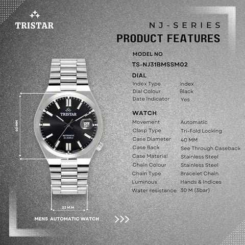 Tristar NJ Series Men's Automatic Watch Black Index Dial Stainless Steel Bracelet Wrist Watch for Men