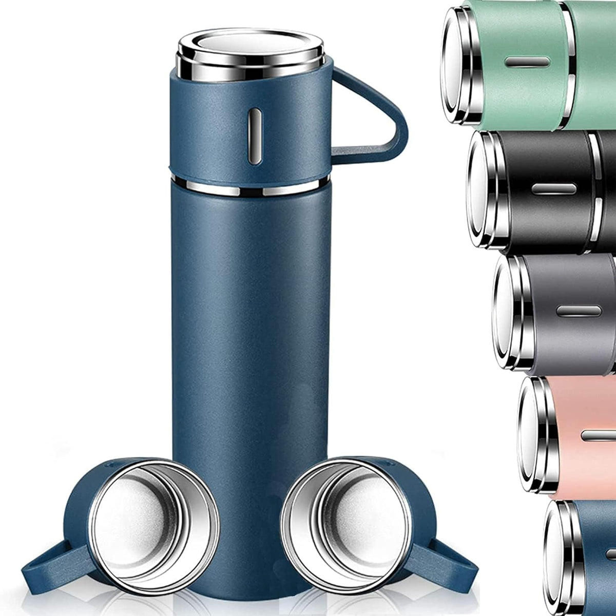 500ml Stainless Steel Vacuum Thermos flask with Silicone Handle and Insulated Water bottle with 2 stainless steel cups