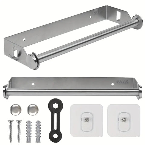 1pc Stainless Steel Paper Towel Holder with Dual Hooks, 27.94 cm Kitchen Roll Dispenser, Wall-Mounted, Punch-Free